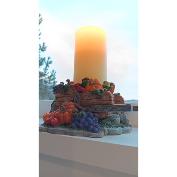 Fall Candle Holder Pumpkins Grapes Squash Home Decor In Wheelbarrow Cart - Picture 15 of 16